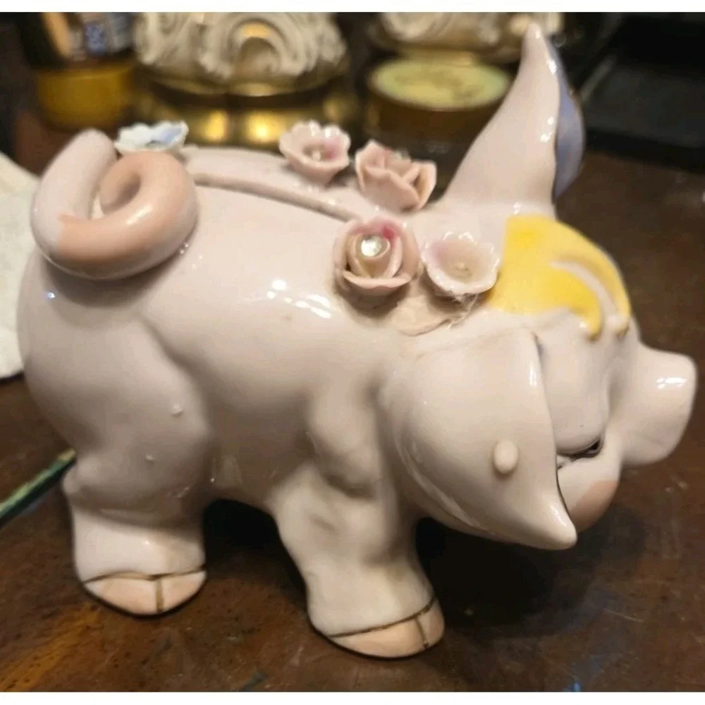 Vintage Piggy Bank Pink Flowers Gold Trim Japan True Piggy Bank Break For Money